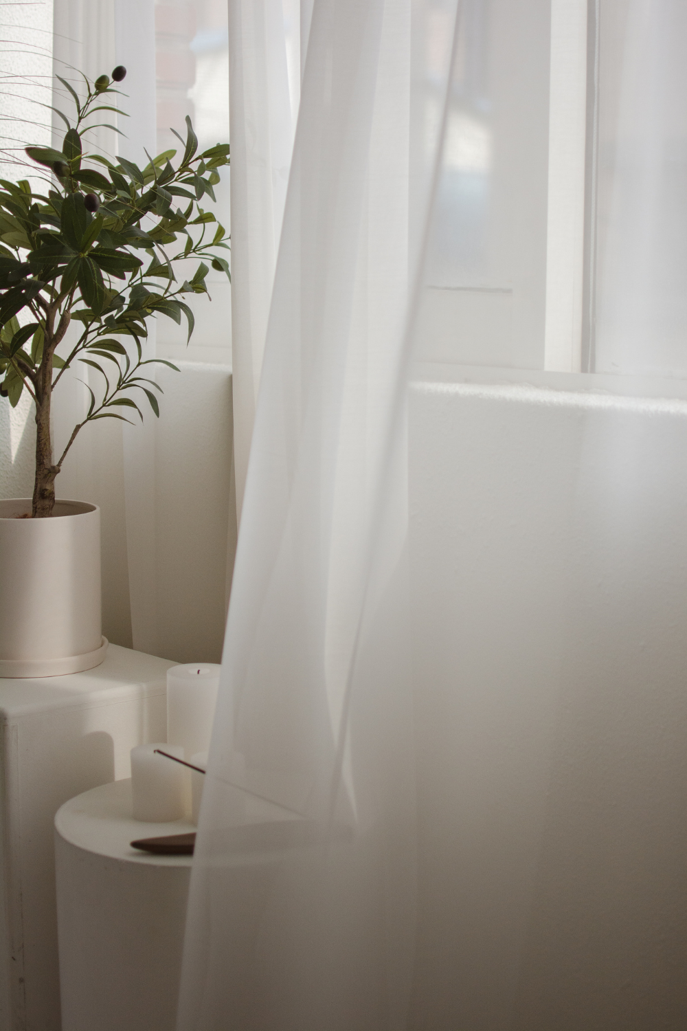 A serene indoor scene featuring a potted plant and sheer white curtains.
